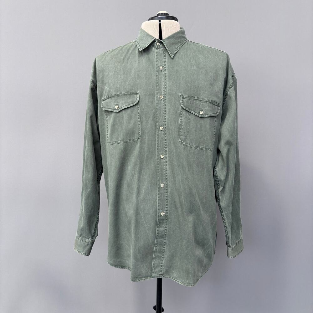 Anchor Blue OD Green Flap Pocket Long Sleeve Button Front Work Shirt Sz XL